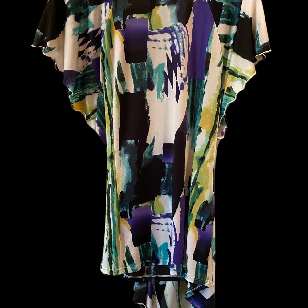Sioni Abstract Faux Wrap Top Large Purple Blue Green Brooch Flutter Sleeve - Picture 4 of 6